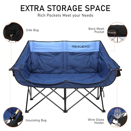 REALEAD Heated Double Camping Chair, 3 Heat Levels and 4 Heating Zones, Portable Heated Loveseat Chair for Outdoor Sports Support 650lbs