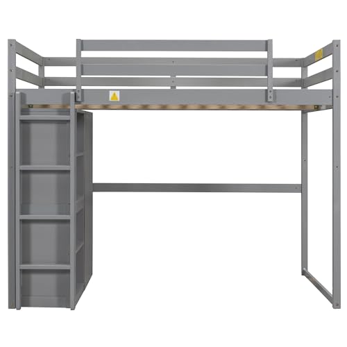 Harper & Bright Designs Full Size Loft Bed with Desk, Storage Shelves and Drawers, Solid Wood Loft Bed Frame with Built-in Wardrobe, Walnut