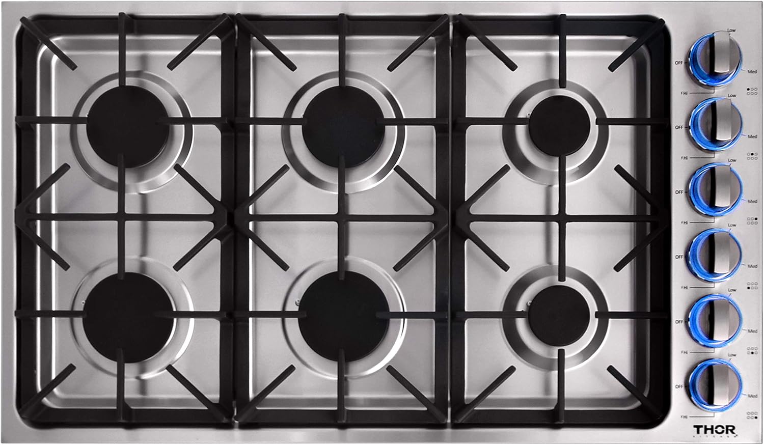Thor Kitchen 36-inch Drop-in Gas Cooktop Rangetop with 6 Burners, Cast Iron Grates, Wok Ring and Blue LED Control Panel, TGC3601