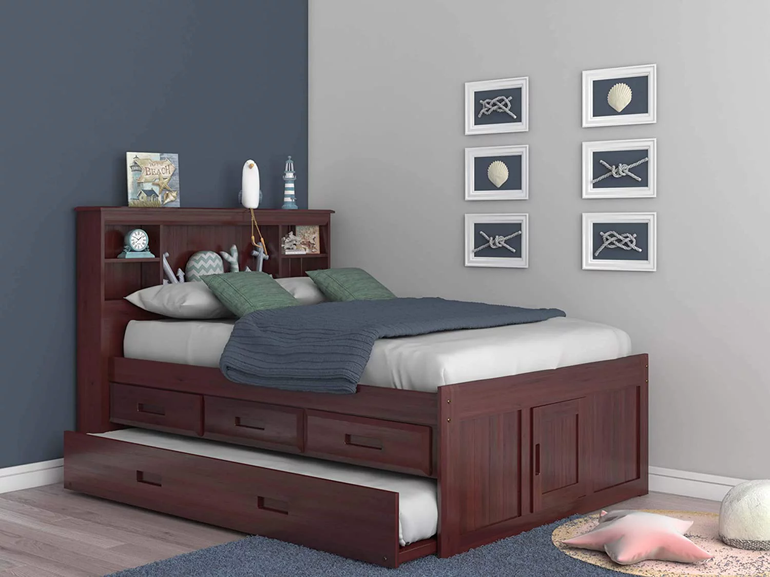Discovery World Furniture - Full Size Bed Frame with Headboard Bookcase Captain Bed with 6 Drawers, Full Size Bed with Storage, Charcoal