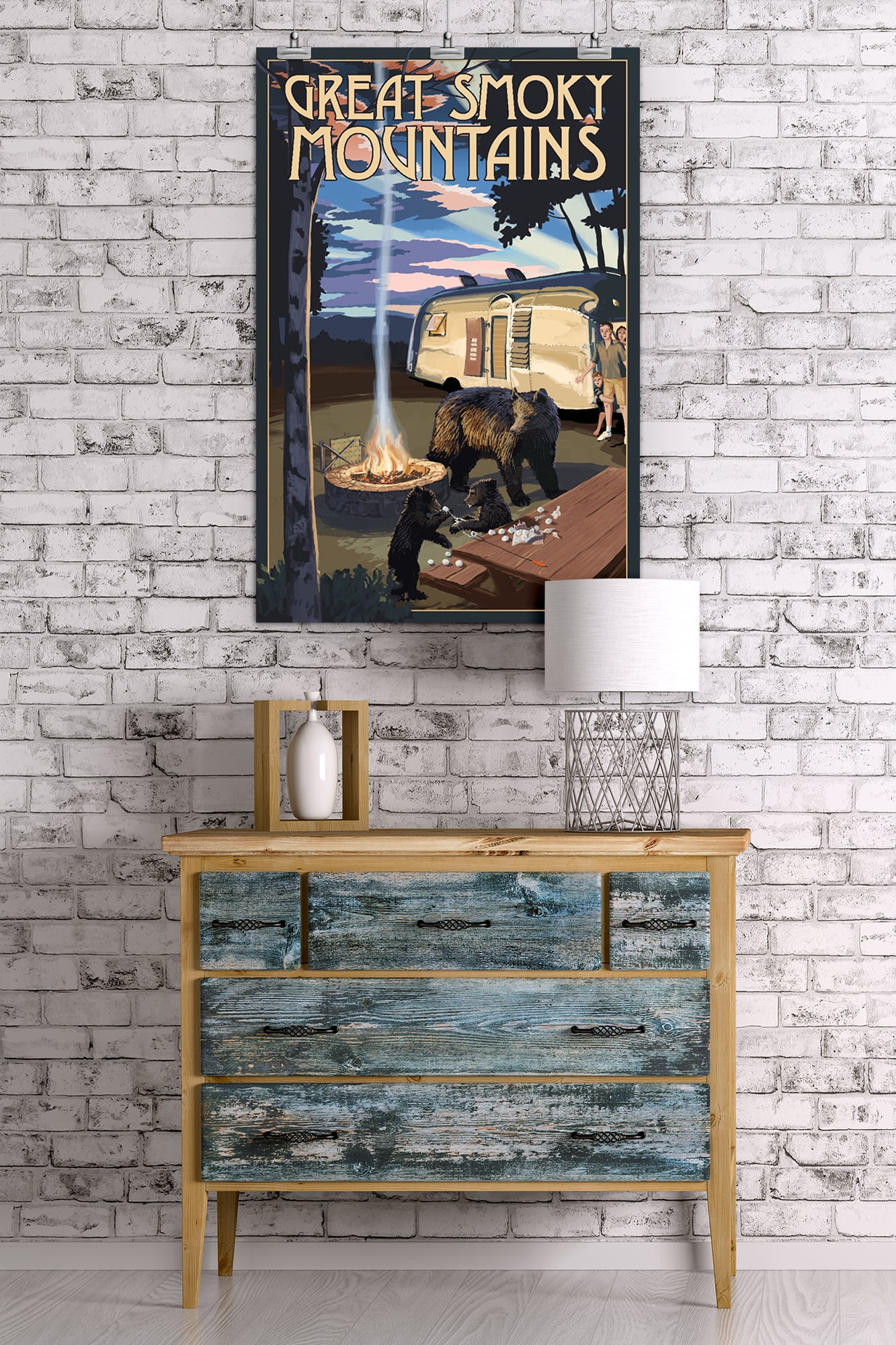 Great Smoky Mountains, Retro Camper and Lake with Bear Family (24x36 Giclee Gallery Art Print, Vivid Textured Wall Decor)