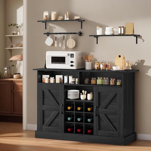 YITAHOME Buffet Cabinet, 47" Farmhouse Coffee Bar with Power Outlet, Floating Shelves
