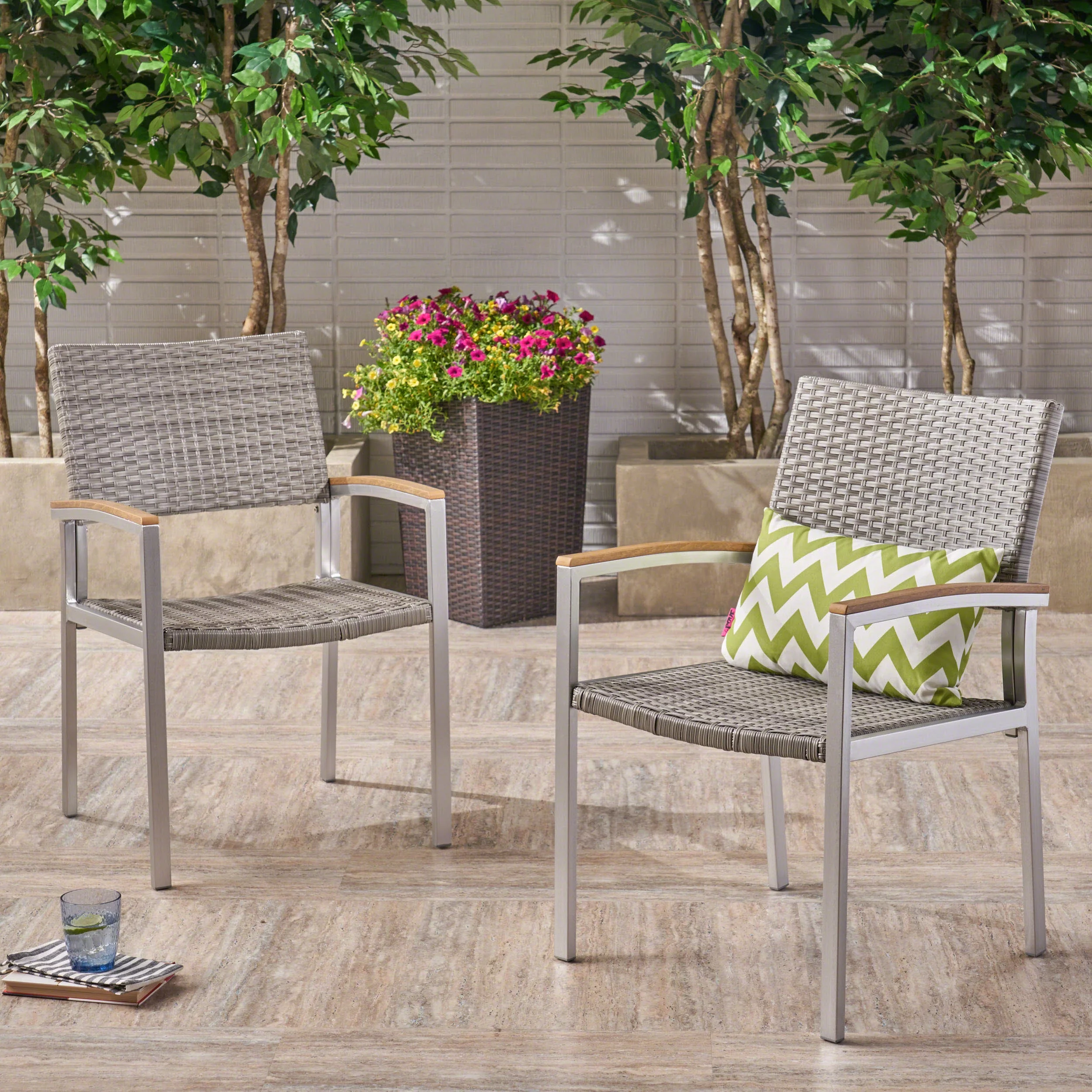 Crew Outdoor Wicker Dining Chairs with Aluminum Frame, Set of 2, Silver, Gray