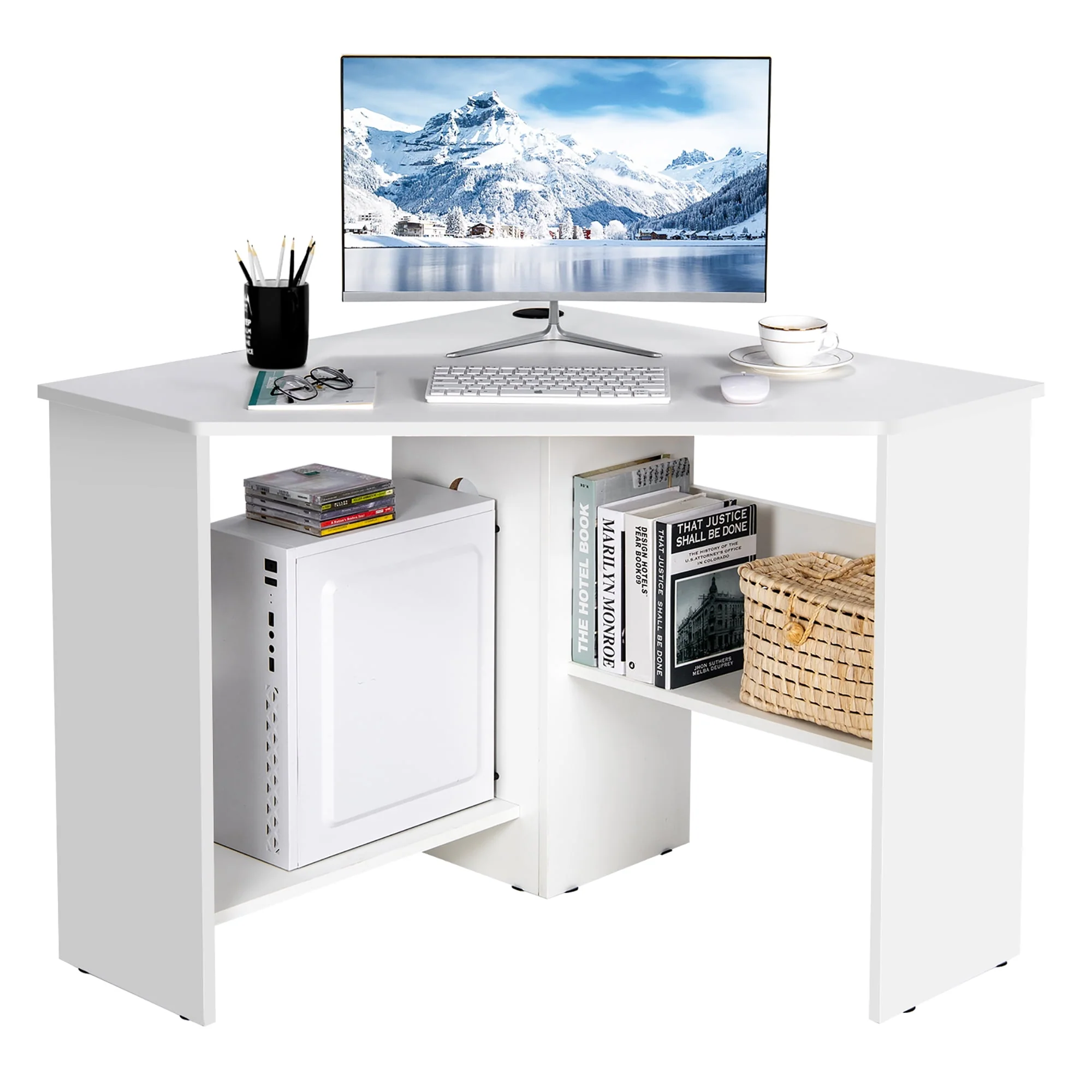 Costway Corner Computer Desk Triangle Writing Workstation w/Storage Shelf Rustic