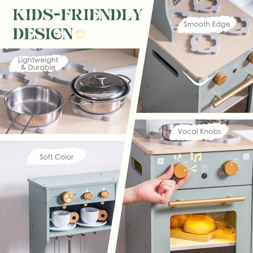 ROBUD Play Kitchen Set, Wooden Play Kitchen with Ice Maker, Fridge, Coffee Machine, Oven, Dishwasher, Microwave, Kitchen Accessories