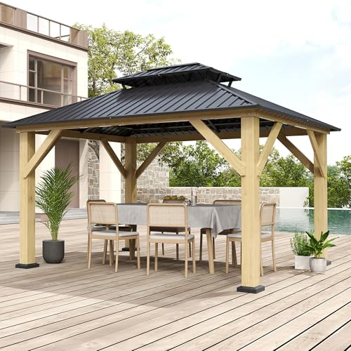 12'x12' Hardtop Gazebo, Outdoor Double Roof Galvanized Steel Gazebos, Aluminum Frame Permanent Pavilion with Curtains & Netting for Backyard, Patio