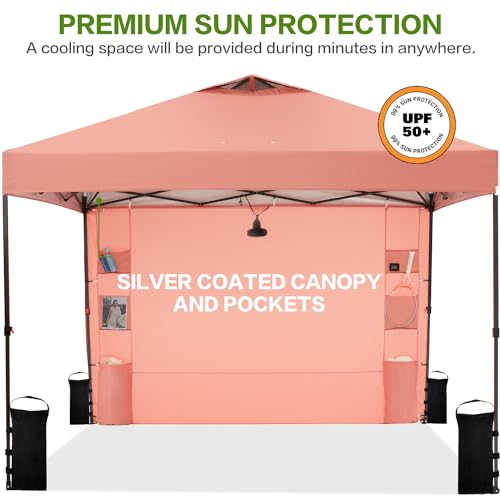10'x10' Pop Up Canopy Tent with 1 Sidewall and 6 Pockets, One Push Setup, Instant Shade Tent with Vented Roof for Beach Patio Outdoor, Case, 8 Stakes