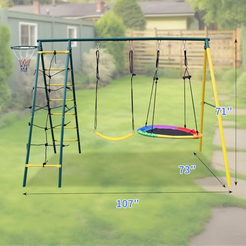 Metal Swing Sets for Backyard for Kids 3-12, 6 in 1 Swing Sets, Heavy-Duty Playground Backyard Set with 2 Swings, Glider, Climbing Ladder and Rope