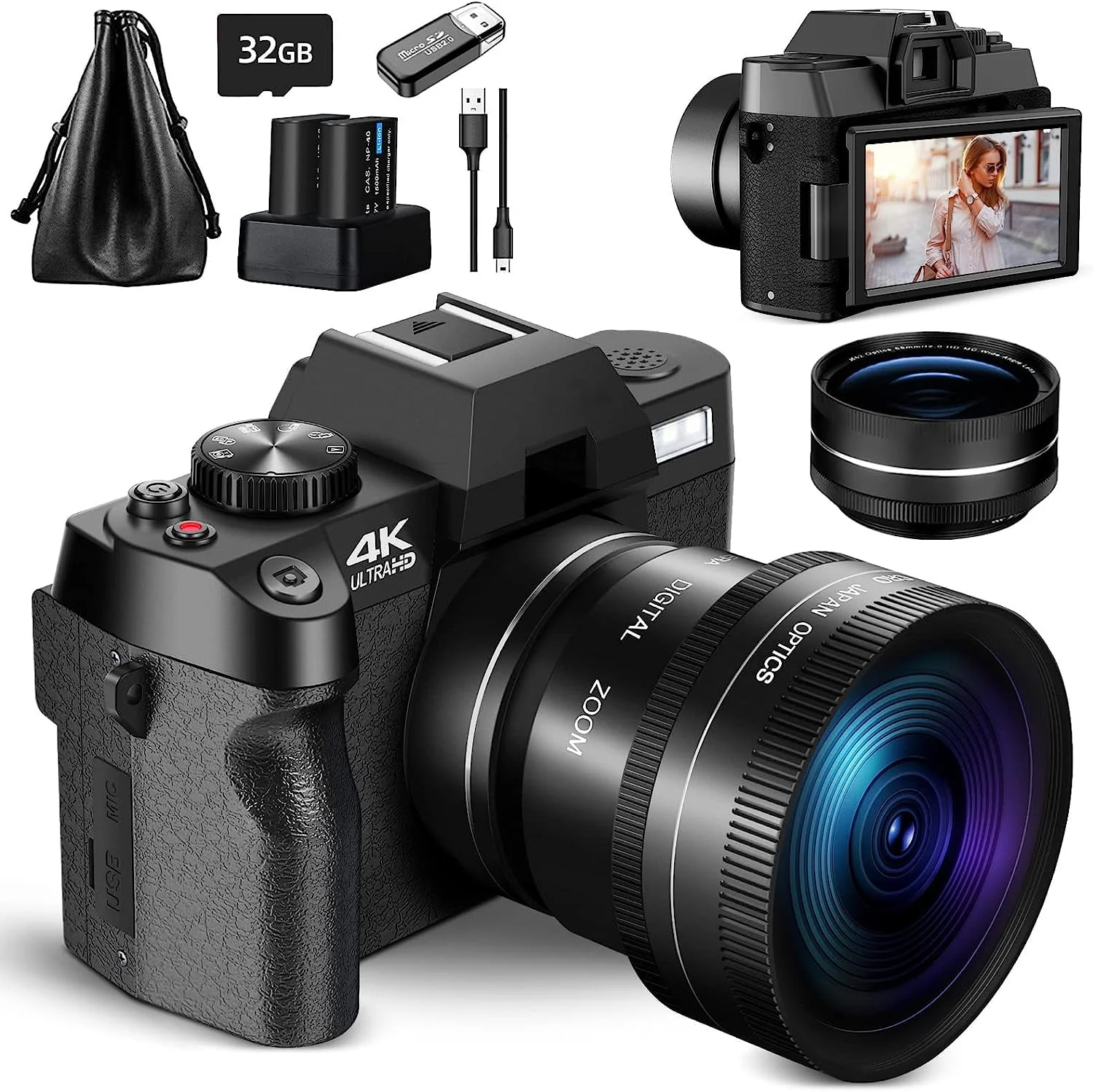 NBD Digital Camera 4K Ultra HD 48MP All-in-One Vlogging Camera with Wide Angle Lens, Digital Zoom 16x and 3 Screen
