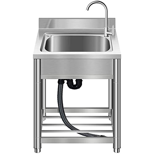 Free Standing Stainless-Steel Single Bowl Commercial Restaurant Kitchen Sink Set w/Faucet, Prep & Utility Washing Hand Basin w/Storage Shelve