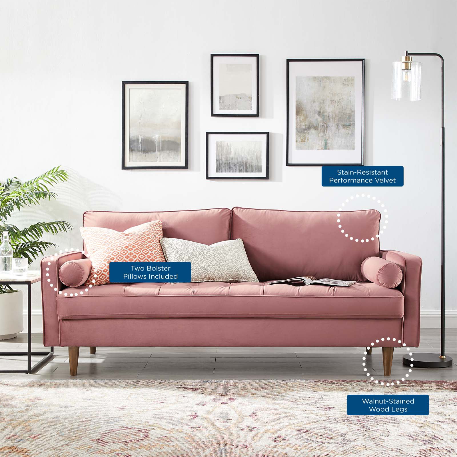 Modway Valour Performance Velvet Sofa in Dusty Rose