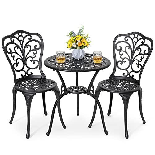 NUU GARDEN 3 Piece Bistro Set Outdoor, All Weather Cast Aluminum Patio Bistro Sets Patio Table and Chairs Set of 2 with Umbrella Hole for Yard