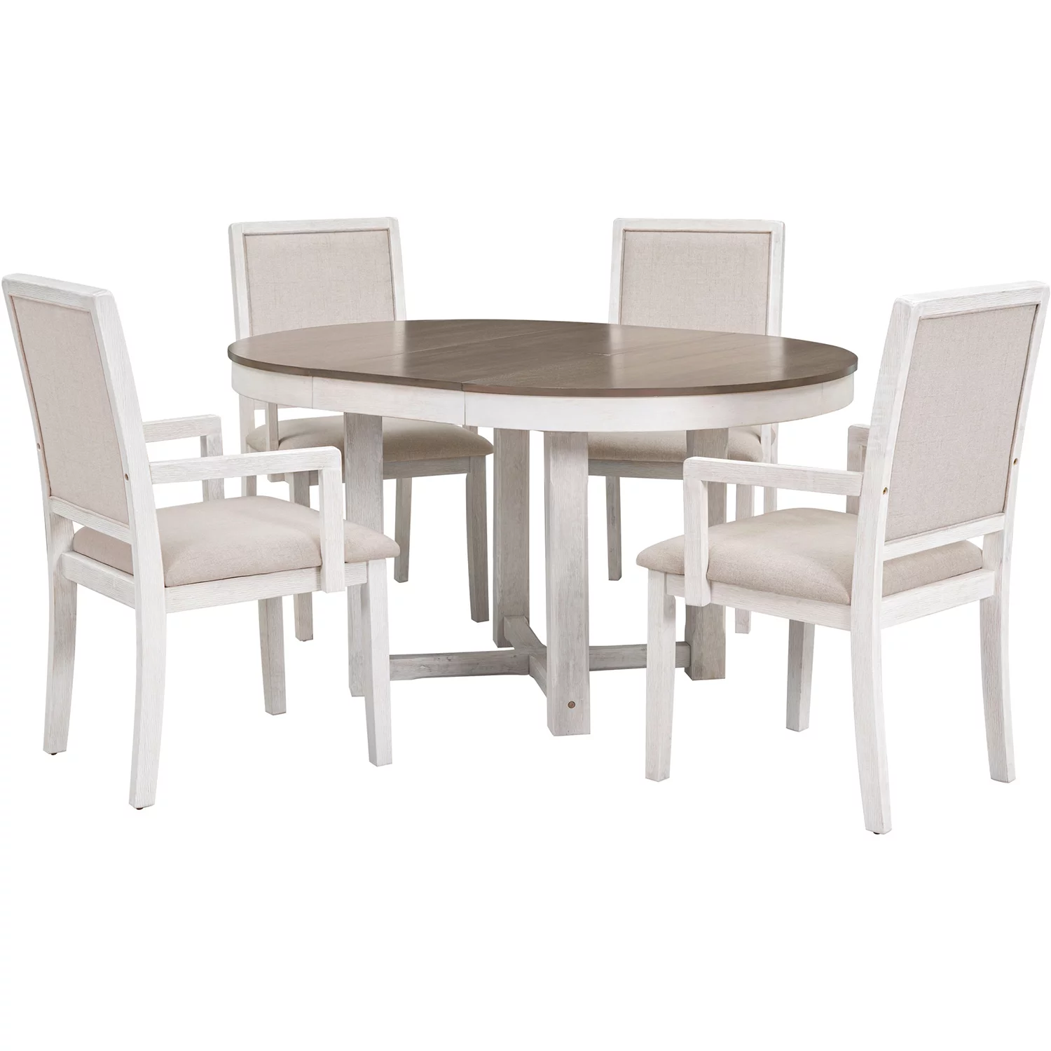 Churanty Farmhouse 5 Piece Round Dining Table Set for 4,Two Size Round to Oval Extendable Butterfly Leaf Wood Dining Table with 4 Upholstered Chairs