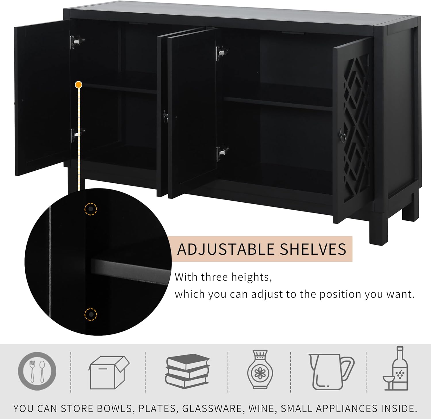 Elegant Storage Cabinet Sideboard,4 Door Buffet Cabinet with Pull Ring Handles,Large Storage Space, Versatile Cabinet for Living Room