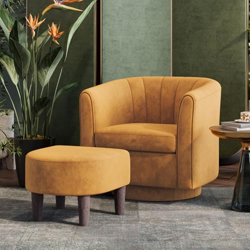 LINSY Swivel Accent Chair Ottoman Set: Velvet Small Barrel Chair with Foot Rest