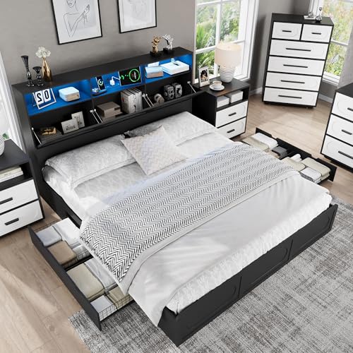 Queen Bed Frame with 47" Storage Headboard, Queen Size Wood Bed Frame with 4 Storage Drawers, Built-in Charging Station & LED, Solid Wood Slats