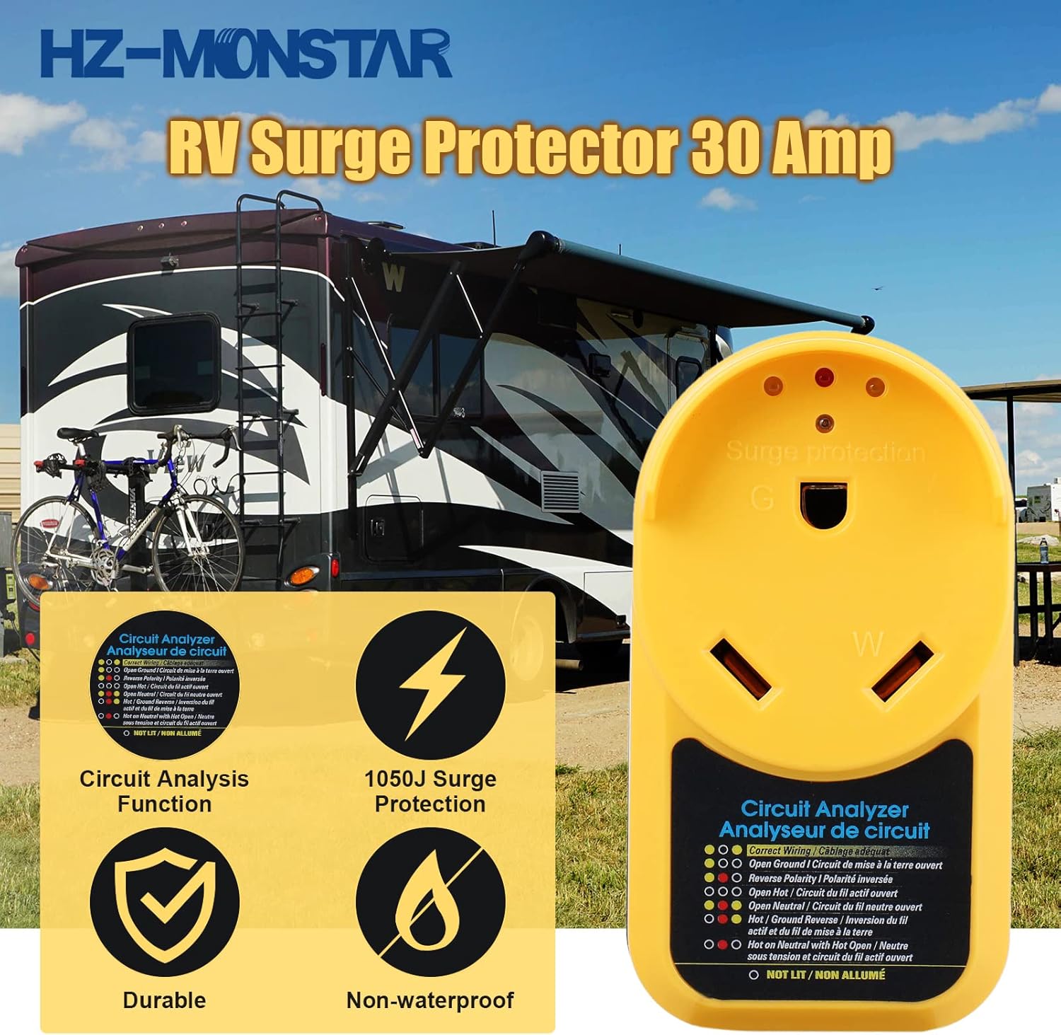 RV Surge Protector 30 Amp Adapter with LED Indicator Light, Circuit Analyzer Portable for RV Trailer Camper