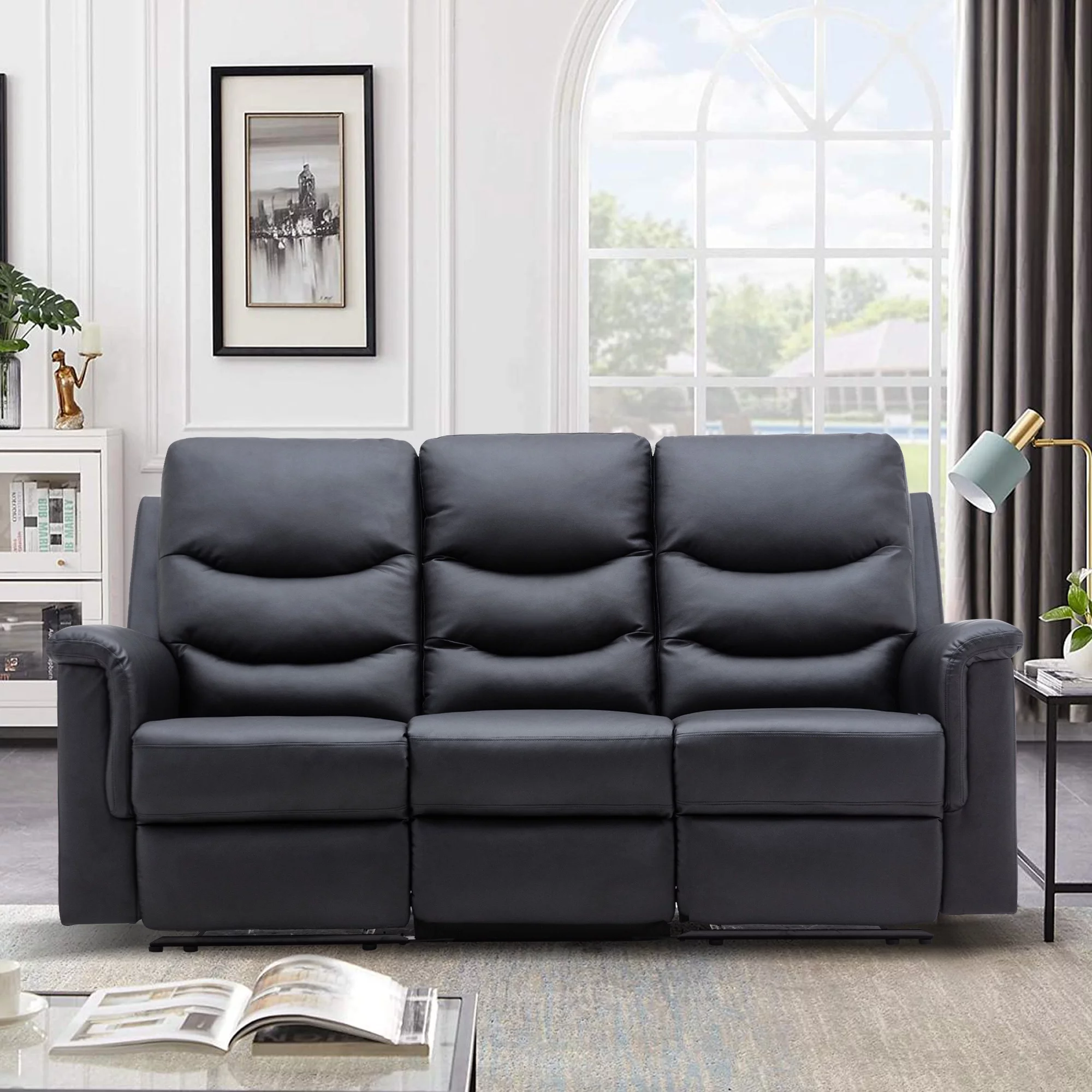 Reclining Sofa, 3 Seater Sofa Recliner with Flipped Middle Backrest, PU Leather Reclining Sofa with 2 Cup Holders and Console Slate