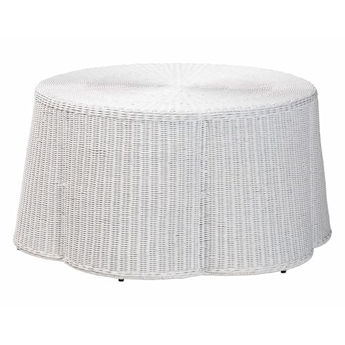bali & pari Palm Scalloped Rattan Coffee Table - Handwoven Wicker Round Accent Table for Living Room Patio or Sunroom, Coastal Boho Style, White