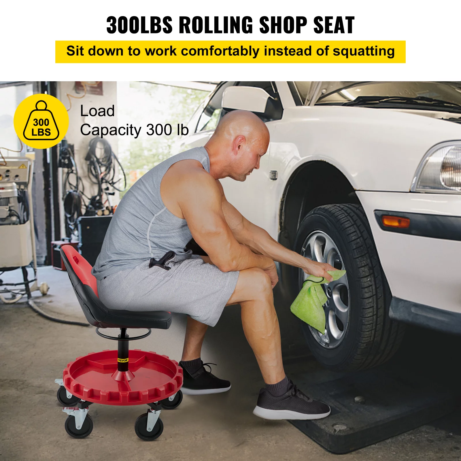 VEVOR Rolling Garage Stool, 300lbs Capacity, Adjustable Height from 21 in to 26 in, Mechanic Seat with 360-degree Swivel Wheels and Tool Tray