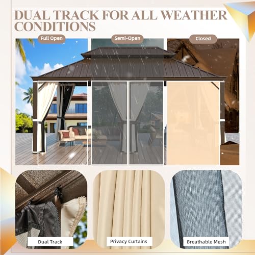 YOLENY 10' x 12' Hardtop Gazebo, Metal Gazebo with Aluminum Frame, Double Galvanized Steel Roof, Curtains and Netting Included