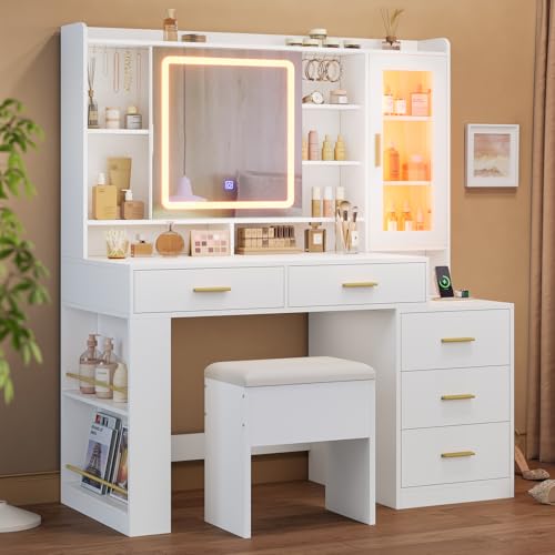 DICTAC Makeup Vanity Desk with Sliding LED Lighted Mirror, 47.2"W Large Vanity Desk with Drawers, Shelves and Side Storage, RGB Glass Cabinet