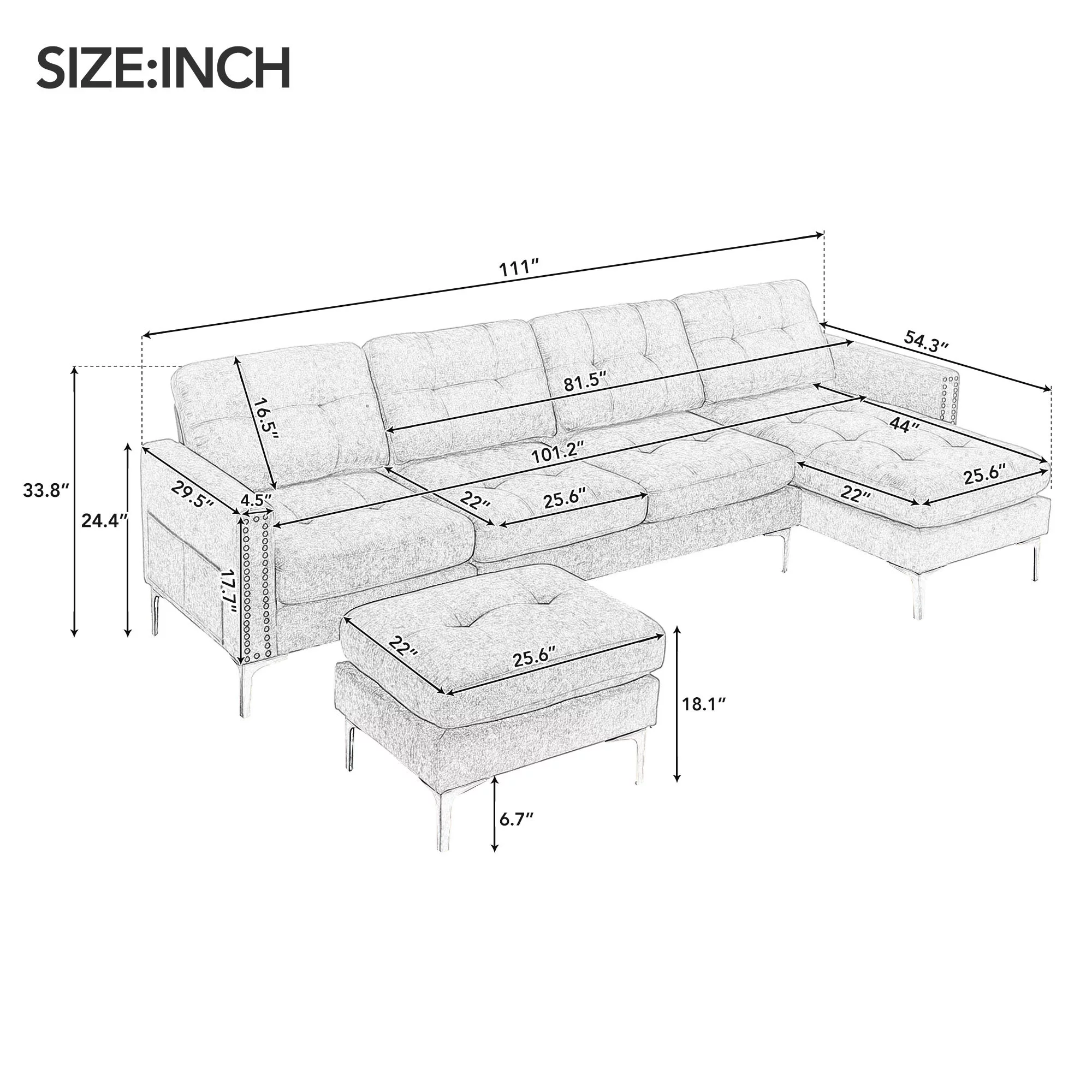 Soges U-Shaped Sectional Sofa with Ottoman, Convertible Couch for Living Room, 5 Seater Sofa, Gray, 110"x54"