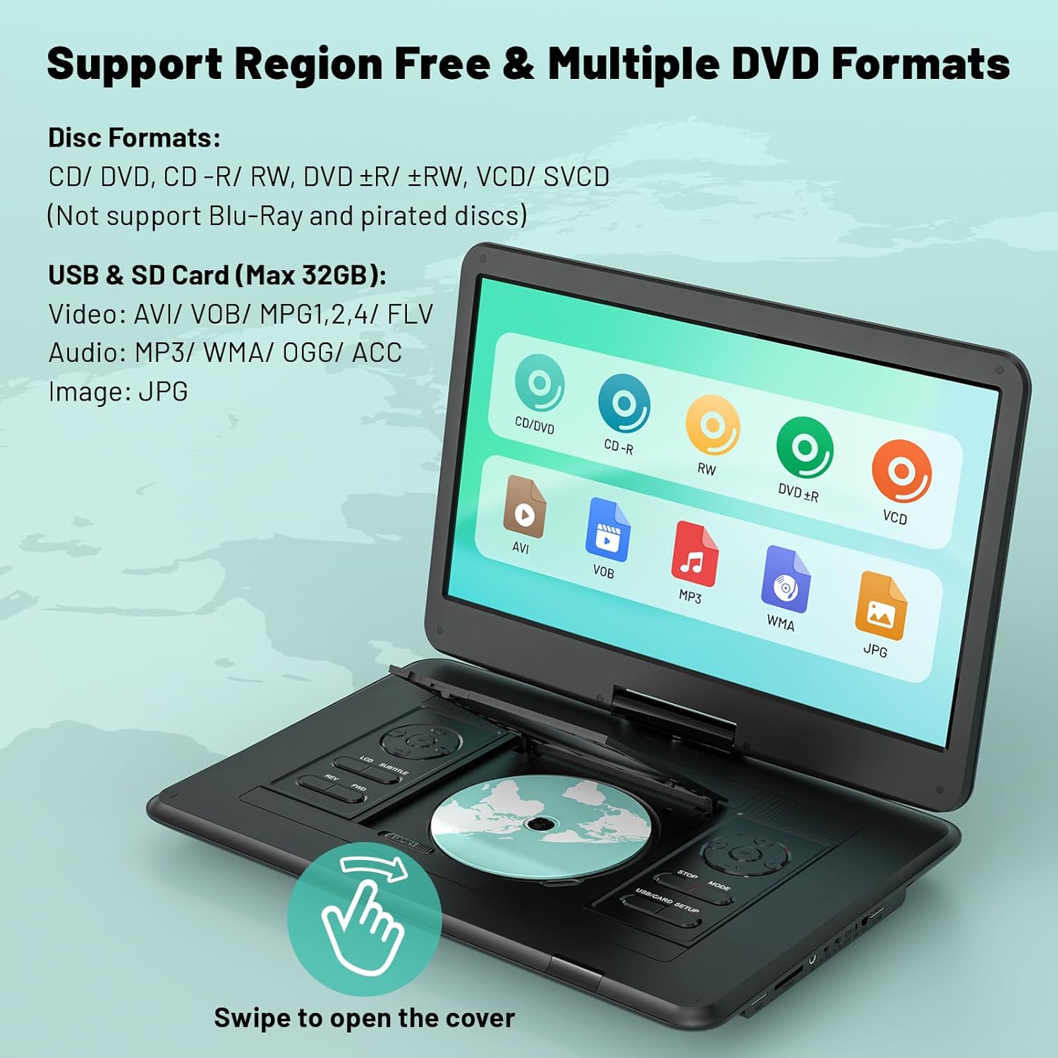 17.5” Portable DVD Player with 15.6” Large HD Screen, 6 Hours Rechargeable Battery, Dual Speakers, Region Free, Remote Control