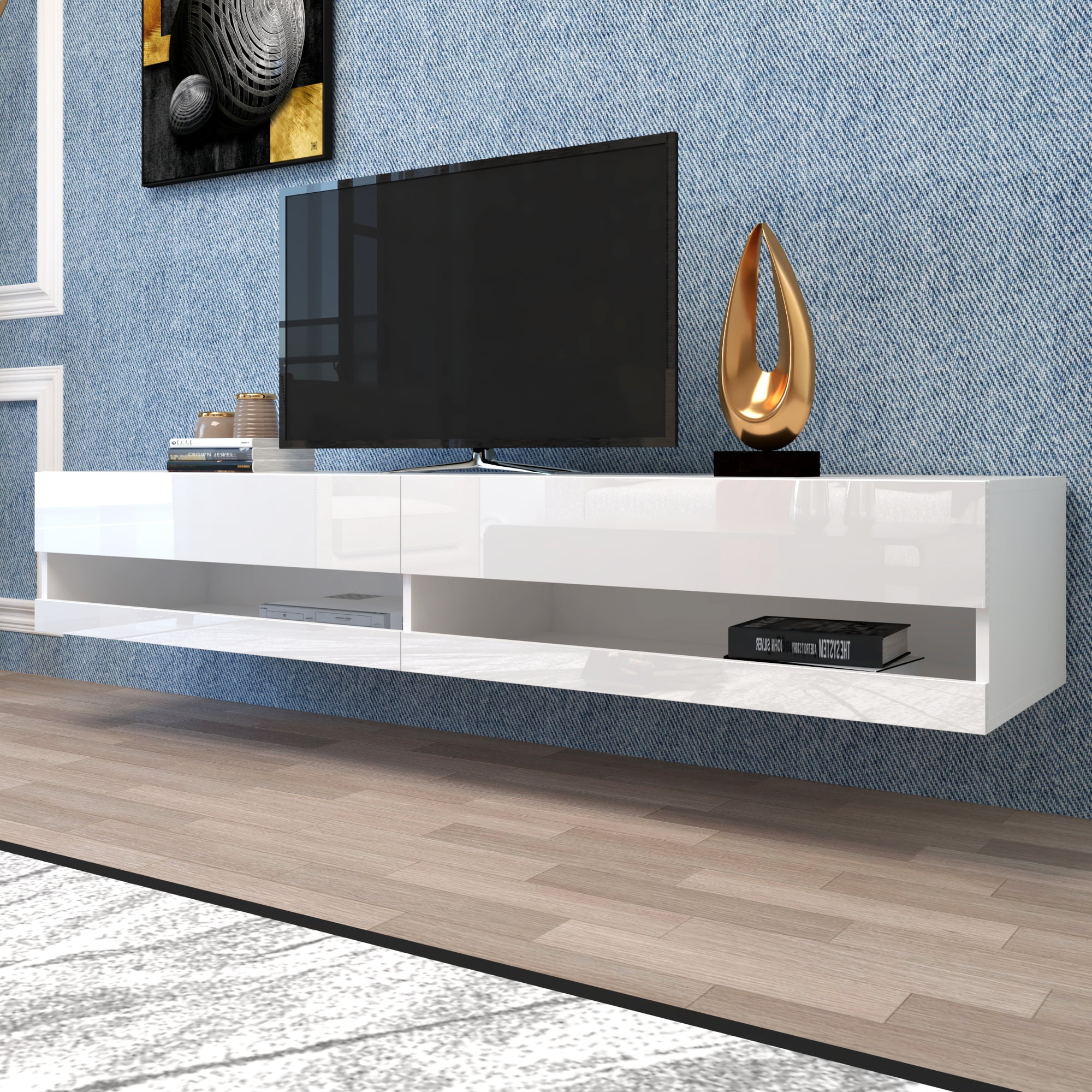 180 Wall Mounted Floating 80" TV Stand with 20 Color LEDs White Entertainment Center TV Console Storage Cabinets for Living Room Bedroom