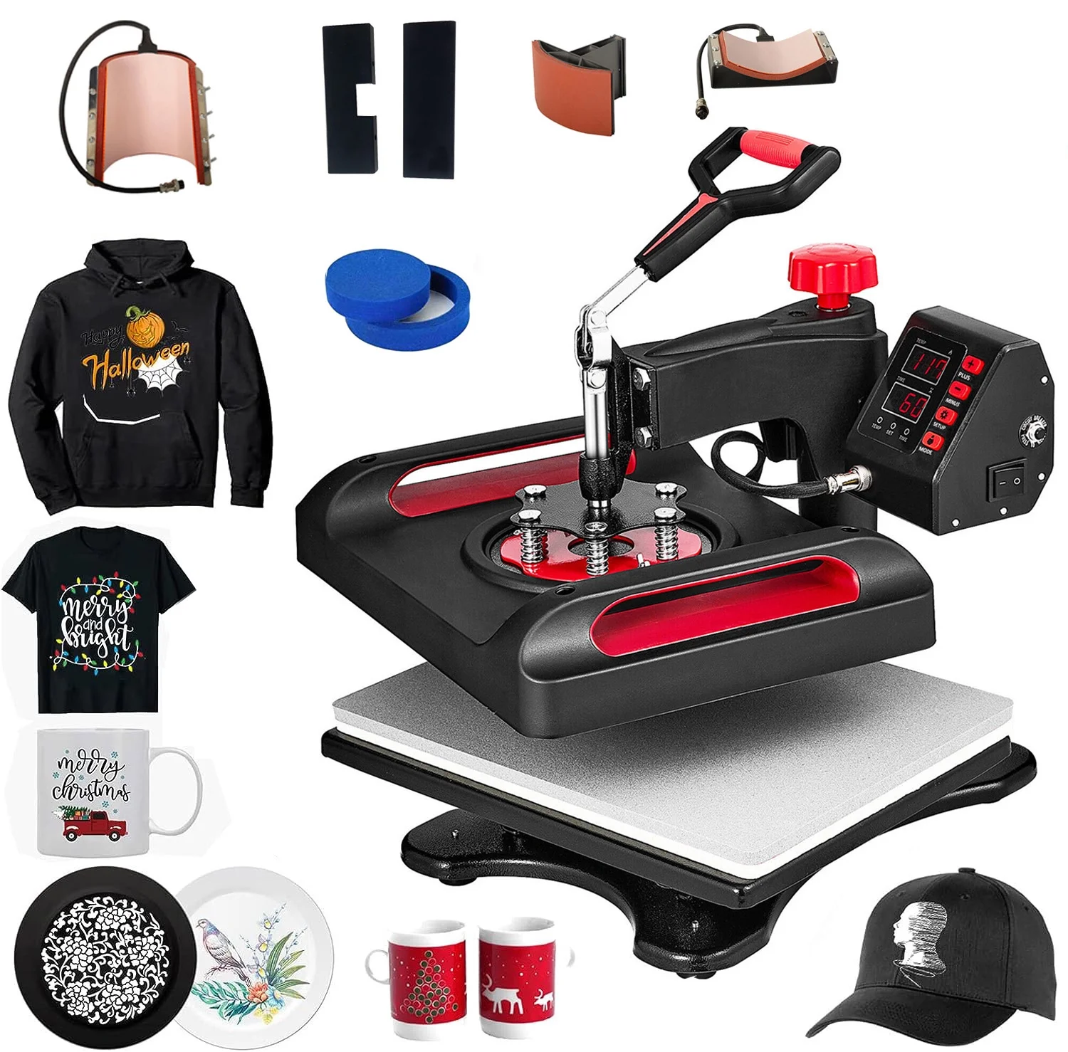 Red Heat Press Machine 5 in 1, 15 x 15 Inches Sublimation Transfer Printer, Digital Precise LCD Control Printing