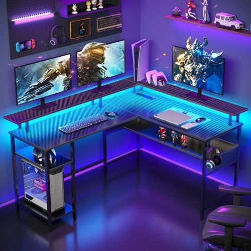 Rolanstar Computer Desk 56.7" with LED Lights and Power Outlets, Carbon Fiber Surface, Reversible L Shaped Gaming Desk with Monitor Stand