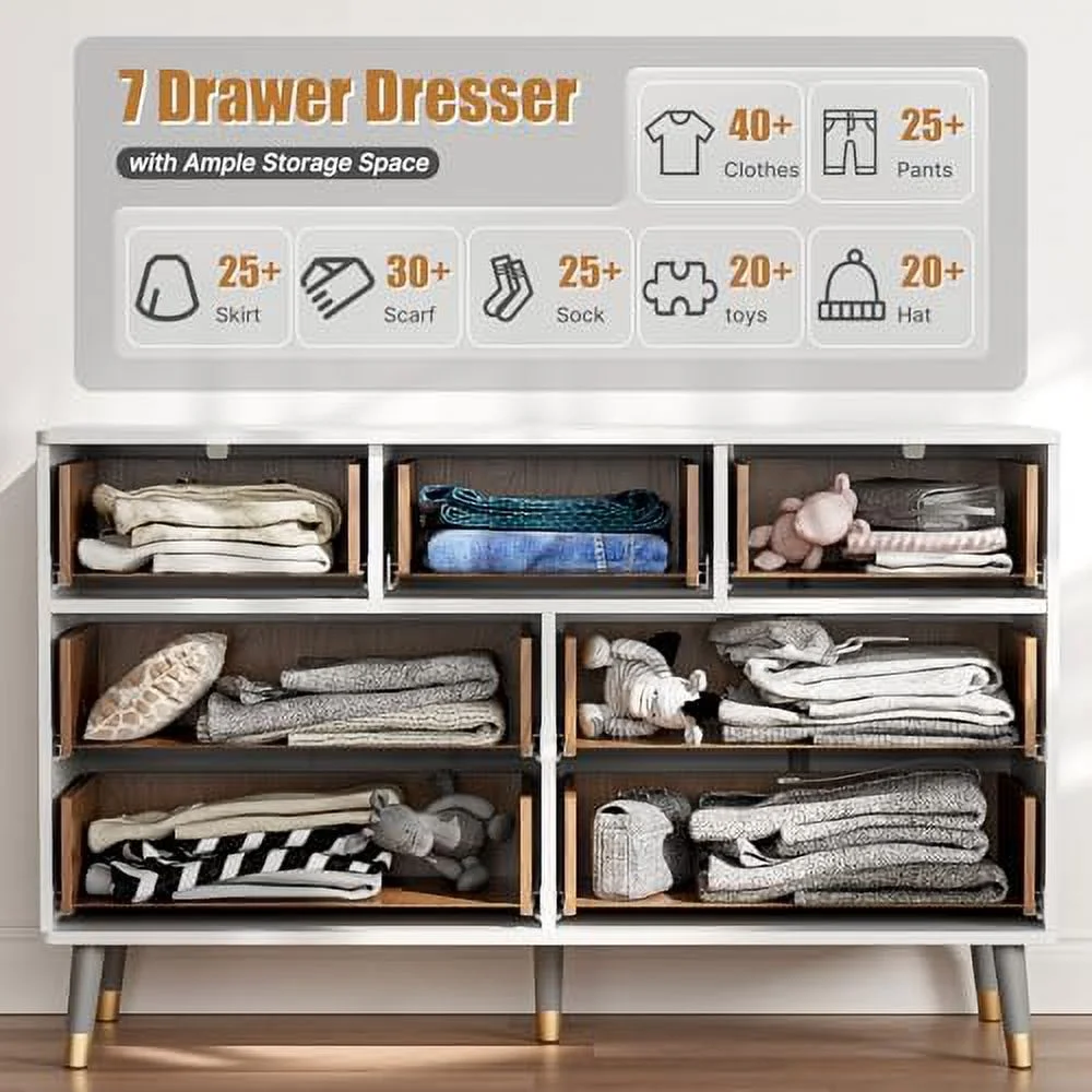 7 Drawer Dresser for Bedroom  Fluted White and Gold Dresser with Curved Profile Design   Dresser Wood  Dressers &amp