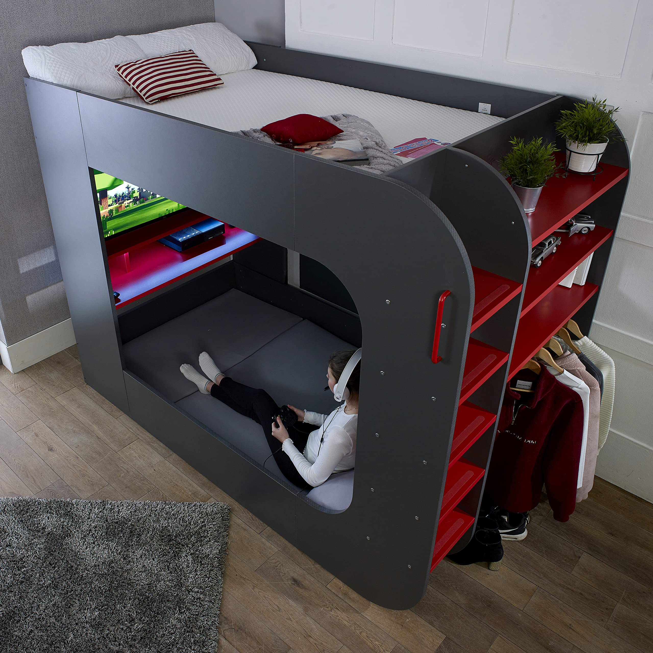 【Furniture】PodBed High Sleeper Gaming Bed with Sofa Bed, Built-In Desk & Open Wardrobe