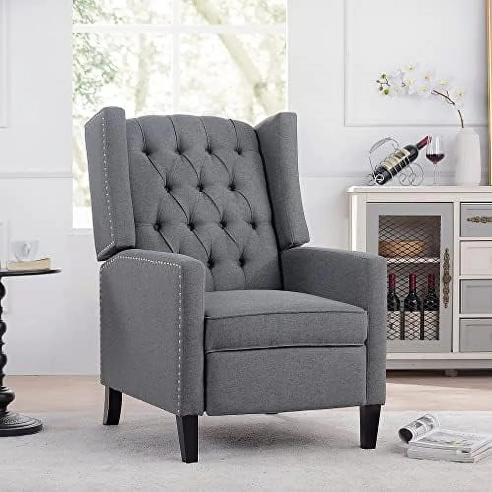 TJUNBOLIFE Pushback Recliner Chair Comfy Wingback Recliner Sofa Chair with Adjustable Backrest Tufted Fabric Accent Armchair with Vintage Rivets Trim
