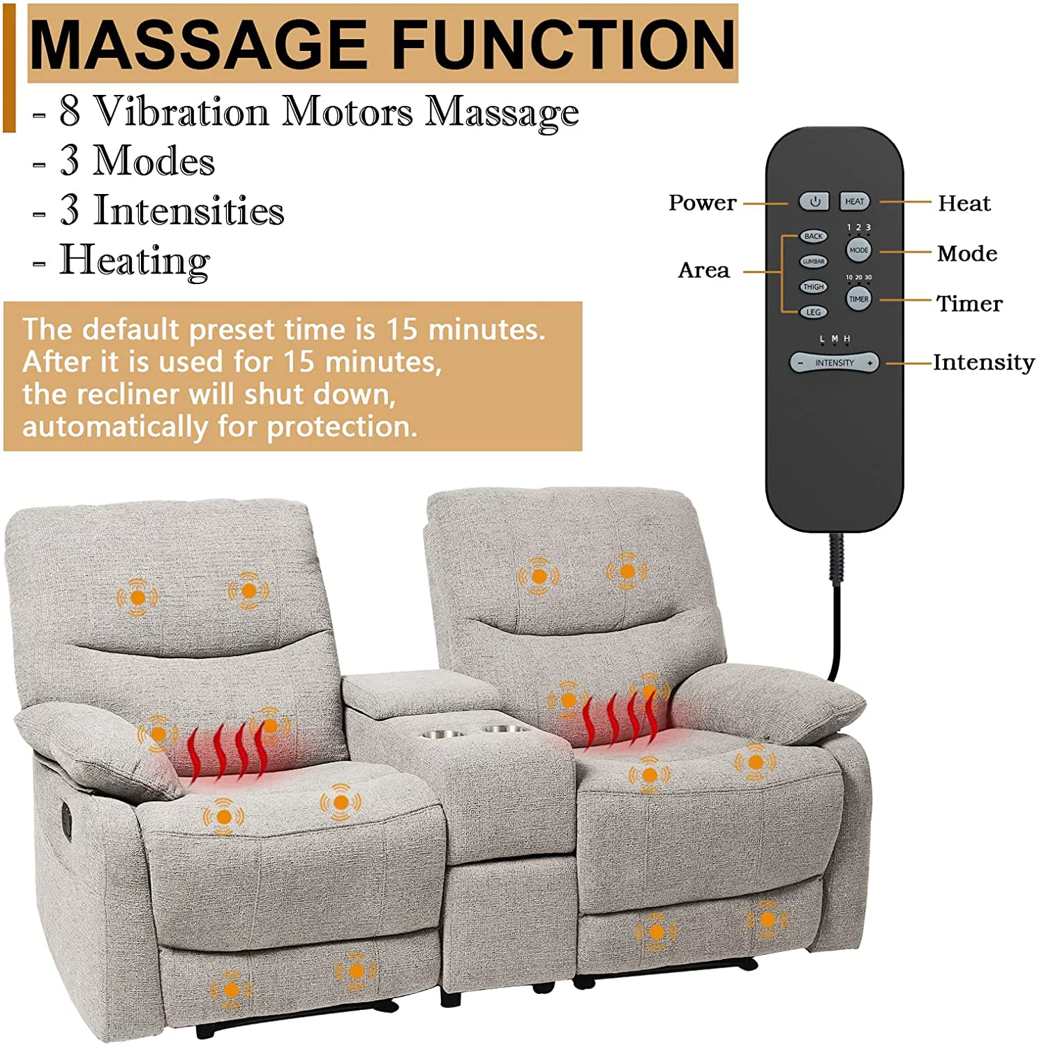 Double Reclining Loveseat - Fabric Home Theater Seating with Console - Glider Reclining Couch for Living Room, Office
