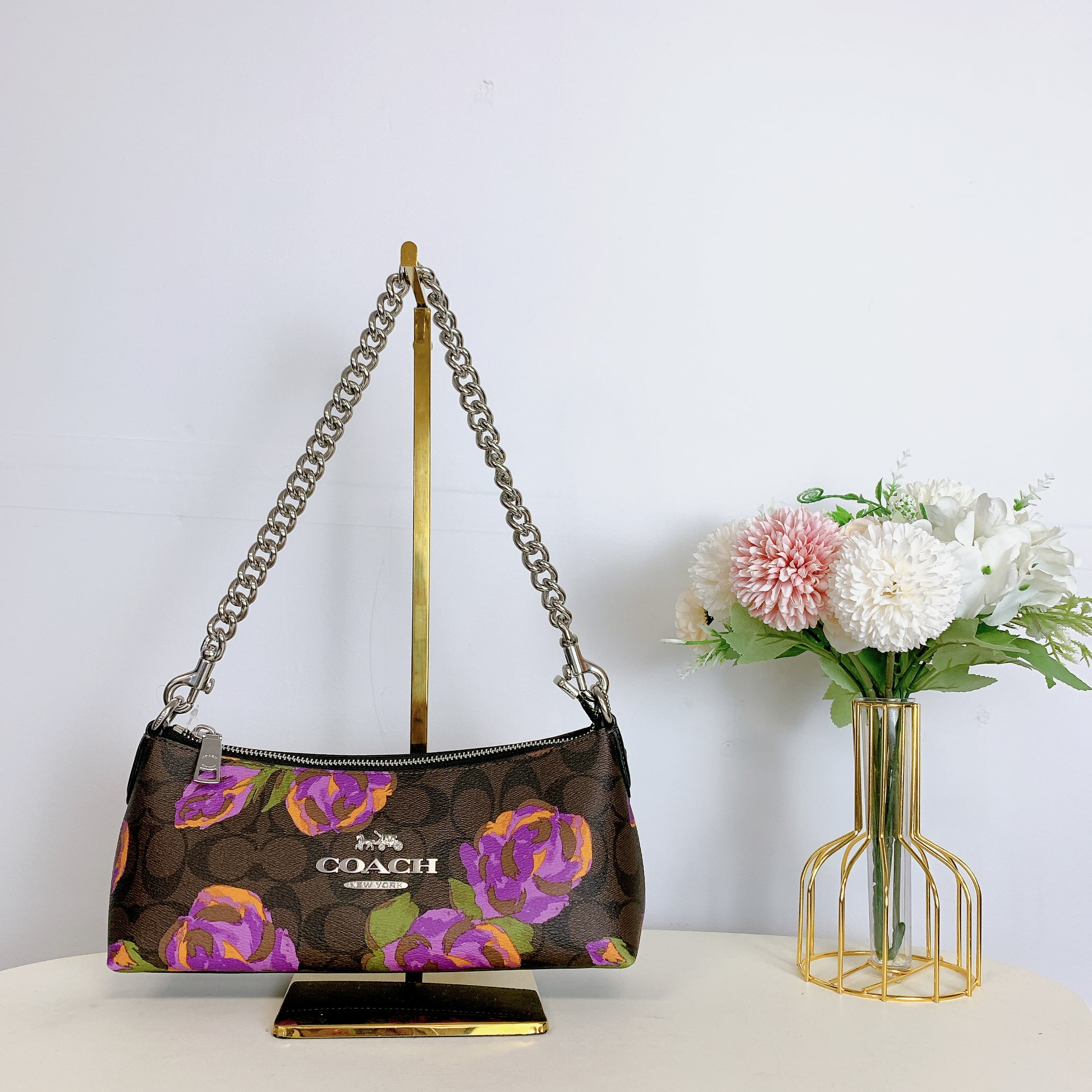 Coach CL406 Charlotte Shoulder Bag In Signature Canvas With Rose Print IN Brown Iris Multi - Radiant Selections