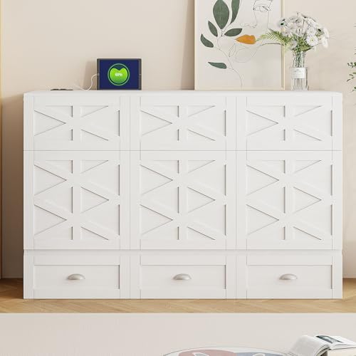 Harper & Bright Designs Full Size Murphy Bed Wall Bed, Solid Pine Murphy Bed Chest Cube Cabinet Bed with USB