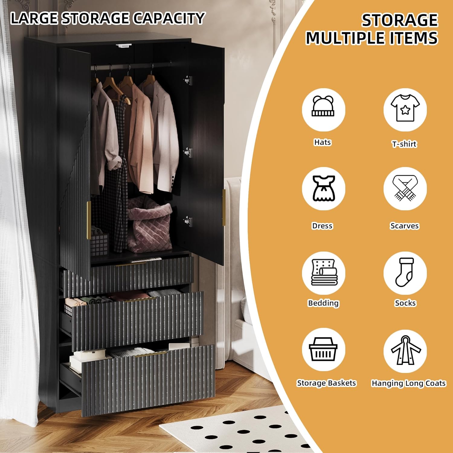 71.7 " Wardrobe Armoire Wooden Closet with 2 Doors and 3 Drawer, Bedroom Armoire with Hanging Rod Shelf, Large Capacity Storage Wardrobe Armoire
