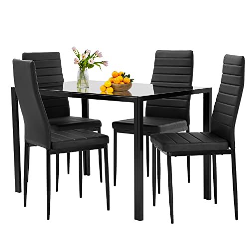 FDW | 5-Piece Dining Table Set | Glass Kitchen Table with 4 Upholstered Chairs | Space-Saving Design | Faux Leather Cushions | Modern Rectangular