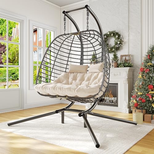 HWB Hanging Egg Chair with Stand, Patio Wicker Hammock Egg Swing Chair with Cushion for Bedroom Garden Indoor Outdoor (Beige)