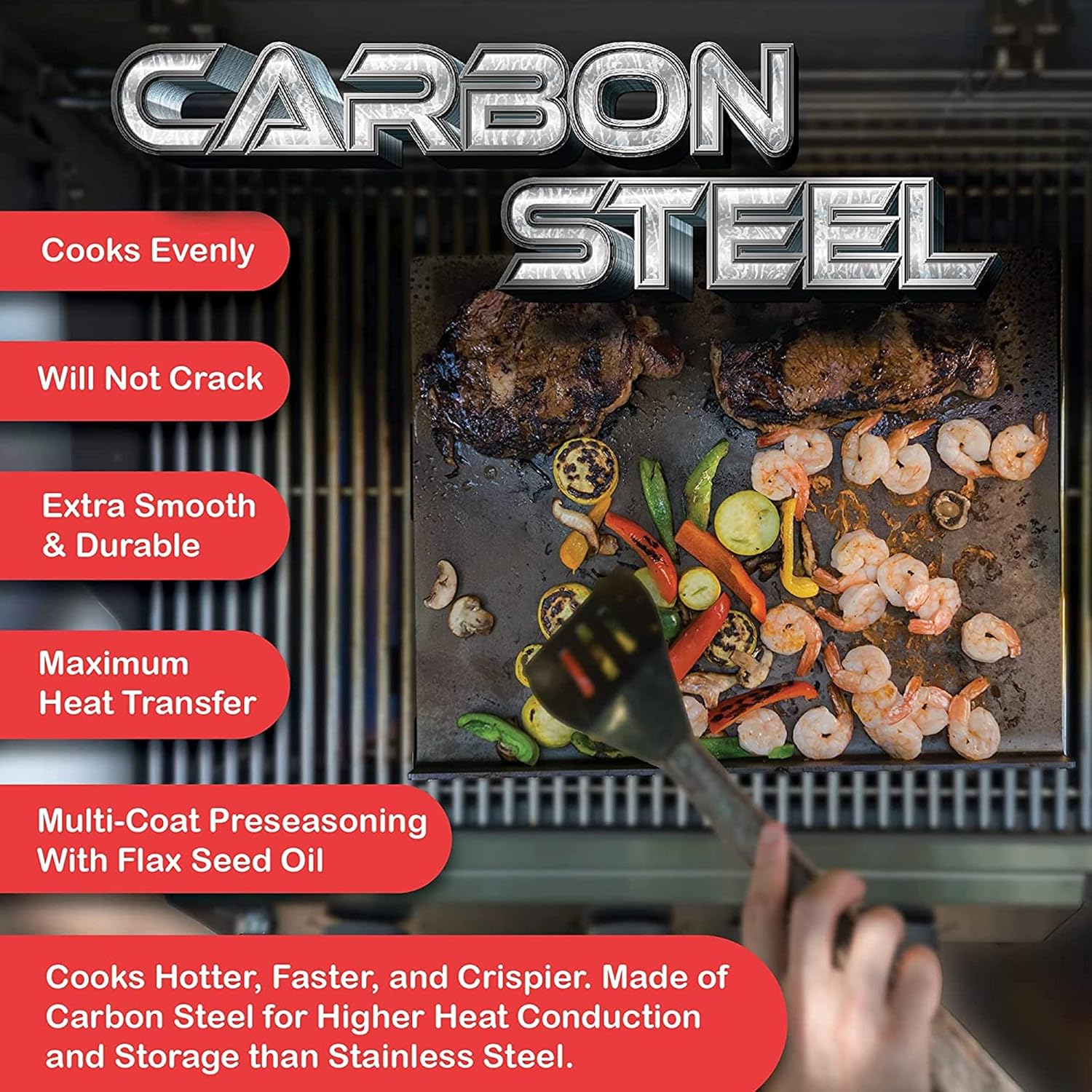 American Grill Goods - BBQ Grill Flat Top Griddle | Durable Double Pre-Seasoned Carbon Steel Griddle for Gas Grill, Flat Top Grill Pan, Grill Plate