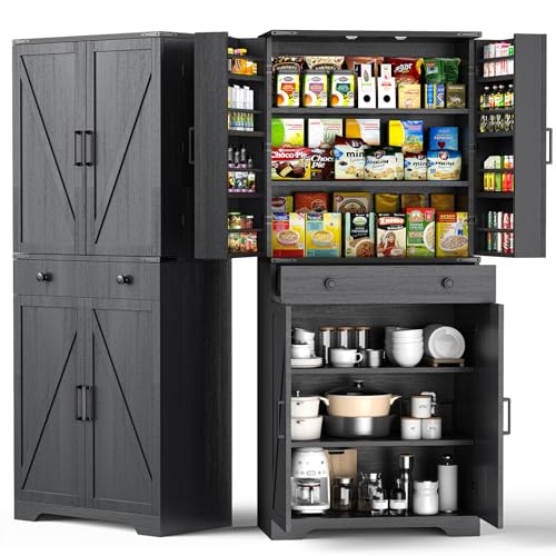 72" Tall Farmhouse Kitchen Pantry Cabinet, Large Storage Cabinet with 6 Adjustable Shelves, 4 Barn Doors & Drawer for Bathroom, Dining Room, Brown