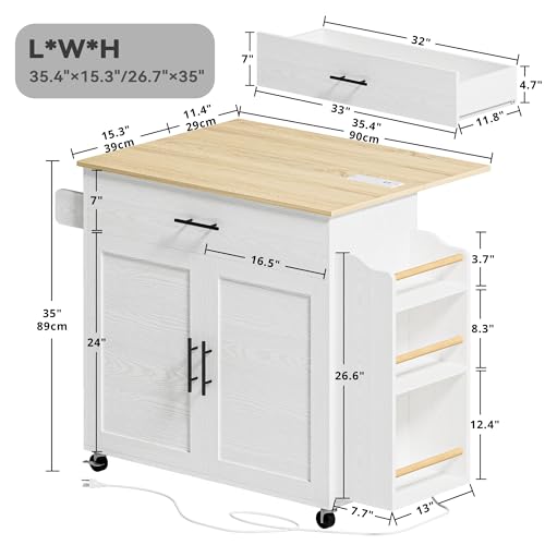 IRONCK Kitchen Island with Storage, Rolling Kitchen Island on Wheels with Drop Leaf, Charging Station, 3 Open Spice Rack, Cabinet, Drawer