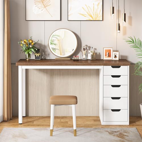 Tribesigns 47 inches Vanity Desk with 5 Drawers, Rustic Brown Makeup Vanity Table Dressing Table with Storage, Modern Simple Computer Desk for Women
