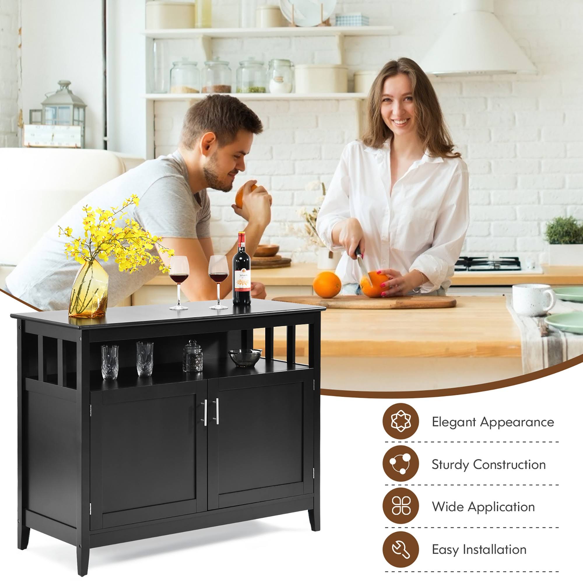 Costway Kitchen Sideboard Buffet Server Cupboard Storage Cabinet w/2 Doors Black
