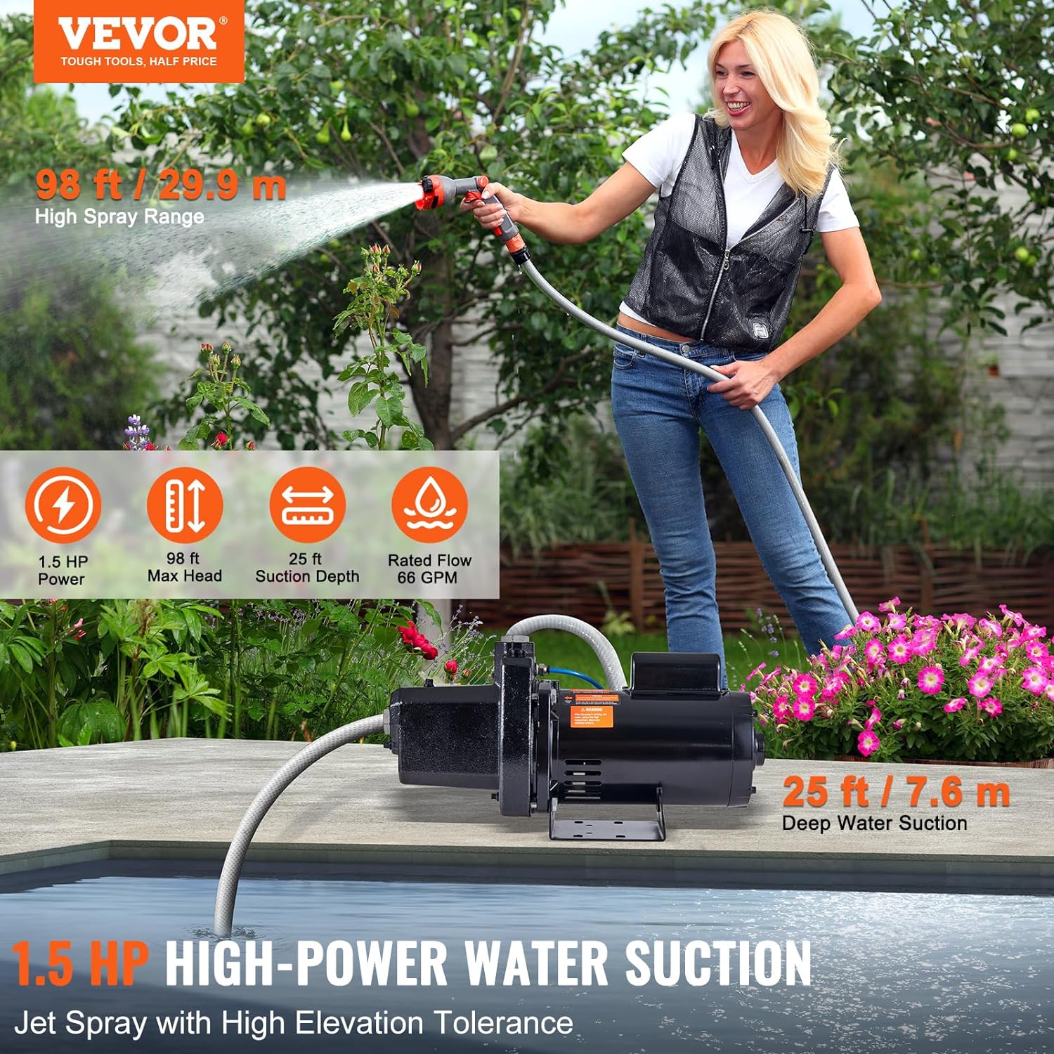 VEVOR 1.5 HP Cast Iron Sprinkler/Irrigation Pump, 115/230 Volt, 66 GPM 3450 RPM Shallow Well Jet Water Pump Booster