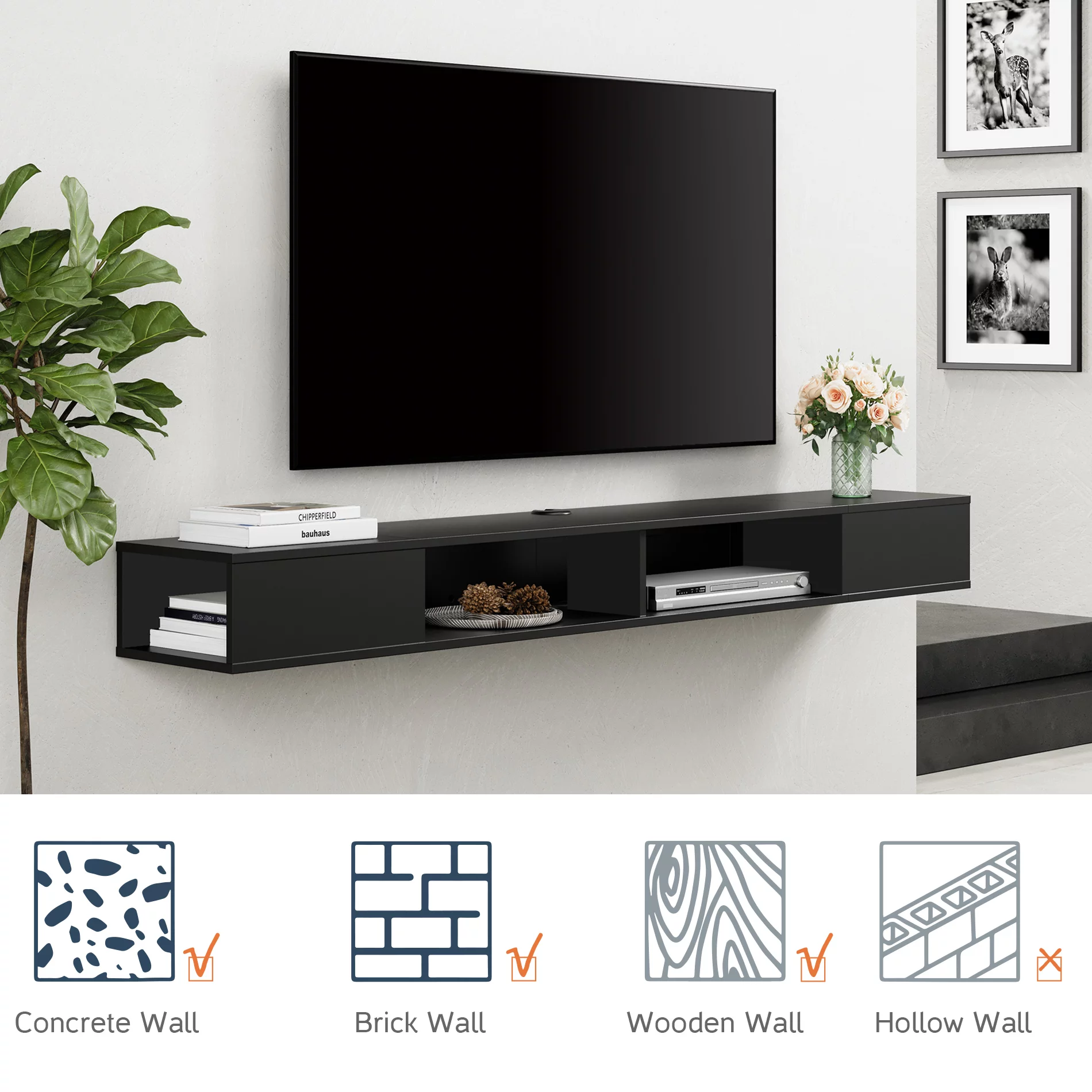 70 inch Floating TV Stand for Living Room, Black