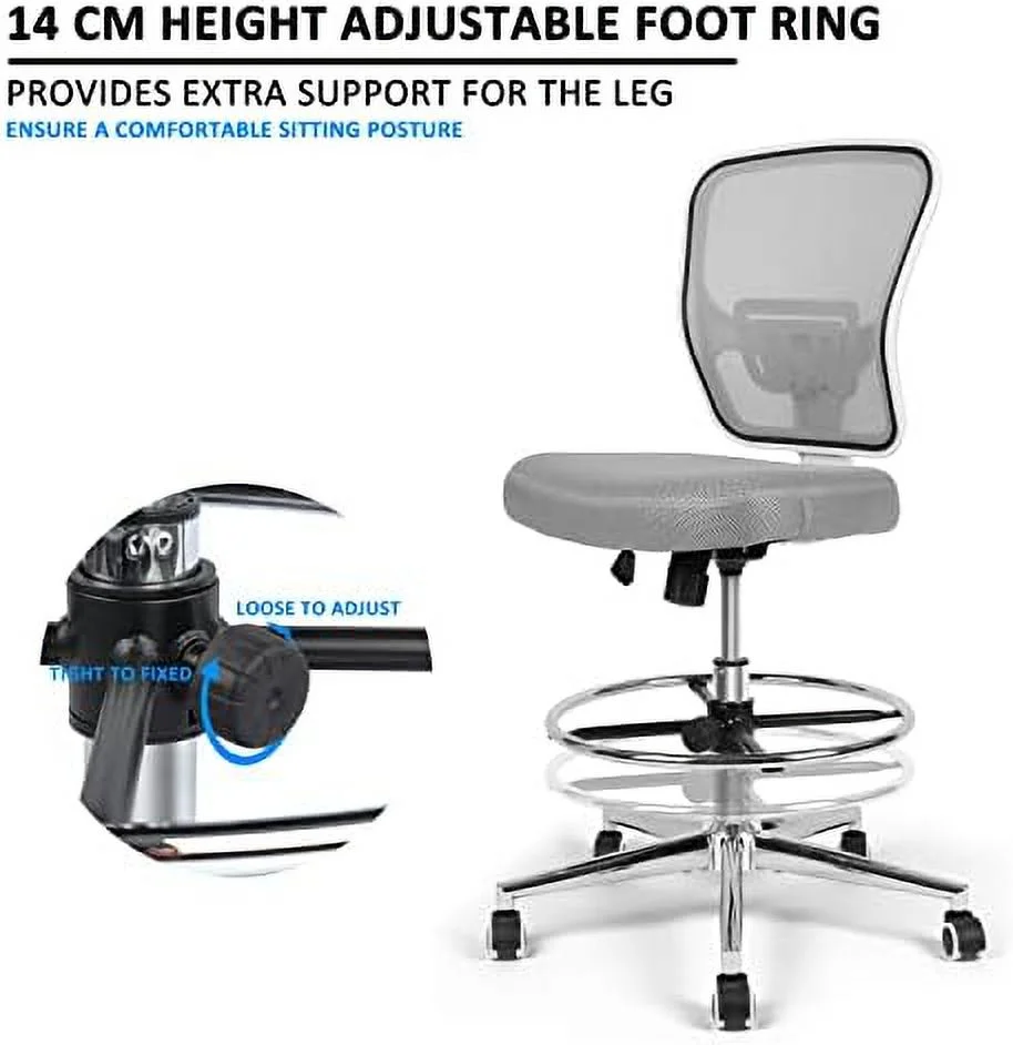 Drafting Chair  Tall Office Chair for Standing Desk  Drafting Stool with Lumbar Support  Adjustable Height and Foot Ring  Grey