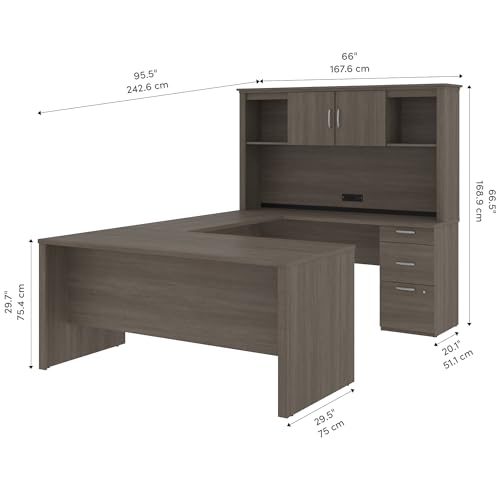 Bestar Logan 66W U or L-Shaped Executive Office Desk with Pedestal and Hutch in Bark Grey, Table Workstation for Personal Home Workspace