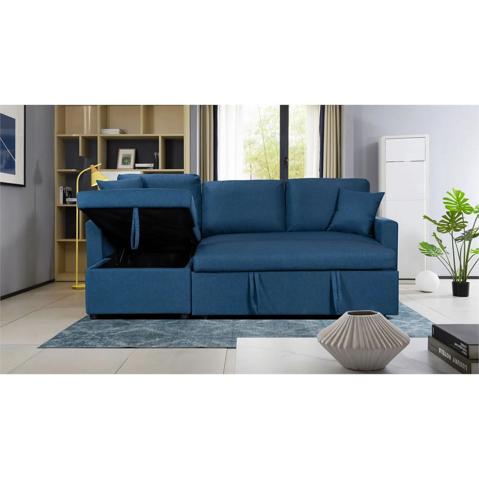 Pemberly Row Blue Fabric Reversible Sleeper Sectional Sofa w/ Storage Chaise